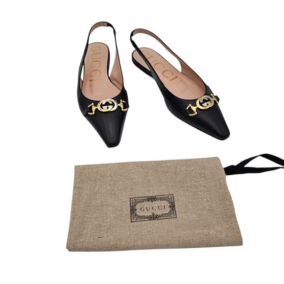 Gucci GG Horsebit Zumi Slingback Flat Black Leather Gold Silver Size 37 US 7 - Picture 2 of 12